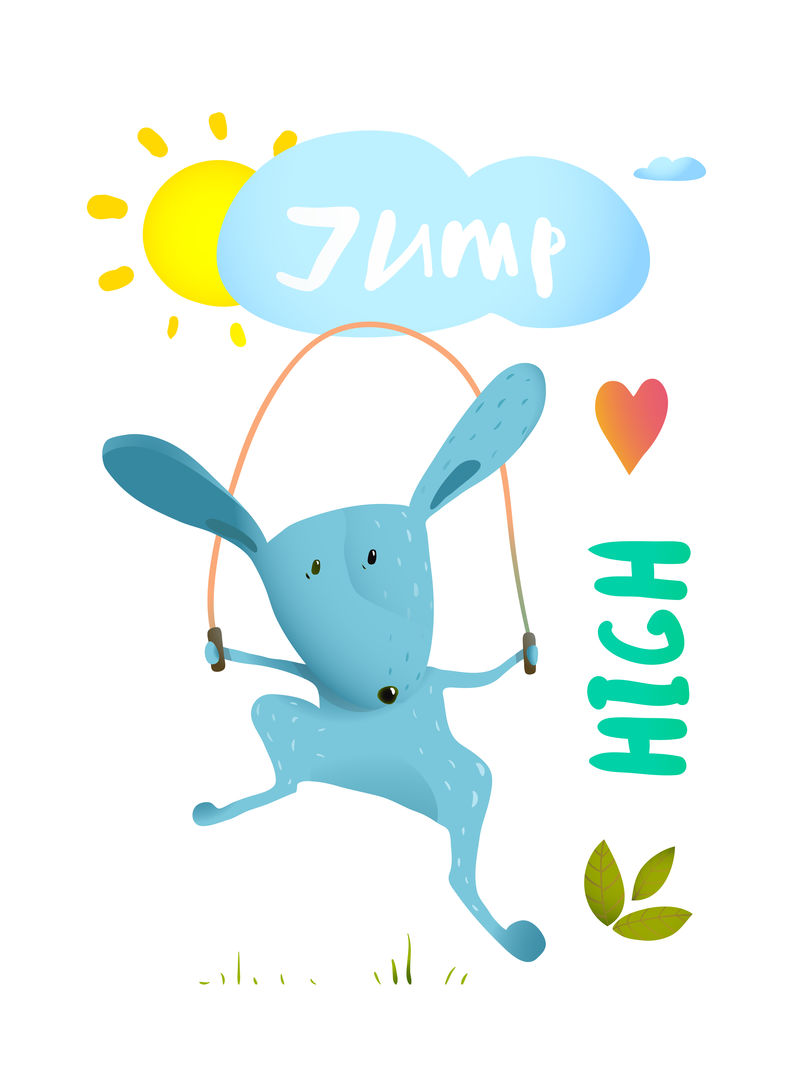 儿童跳绳-跳高野兔动物卡通水彩画风格-矢量插图