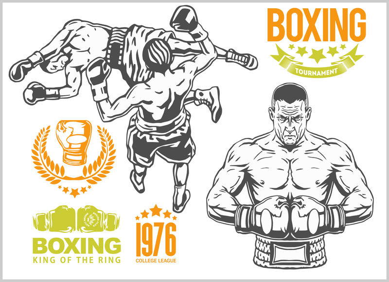 两个拳击手之间的比赛-一套单色插图。加上老式拳击徽章，标签，徽章，标志和设计元素。