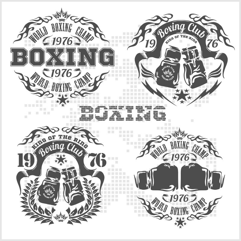 一套老式拳击徽章，标签，徽章，标志和设计元素。灰色风格。