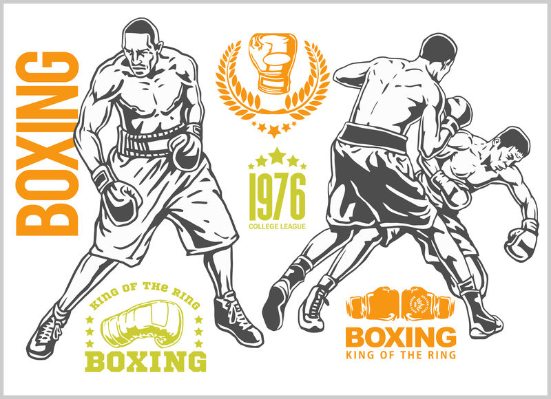 两个拳击手之间的比赛-一套单色插图。加上老式拳击徽章，标签，徽章，标志和设计元素。