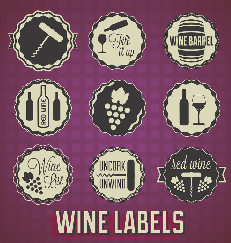 矢量集：葡萄酒标签和图标