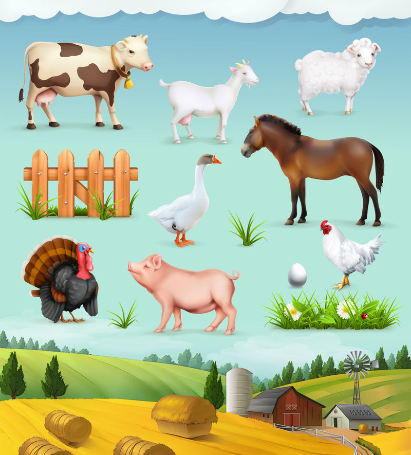 农场、动物和鸟类矢量图标集