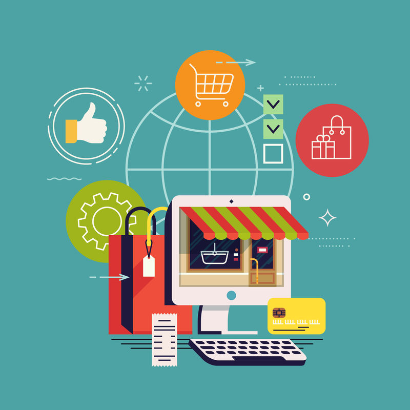 酷的概念背景-电子商务和网上购物全球业务-网上购物-数字市场-网店
