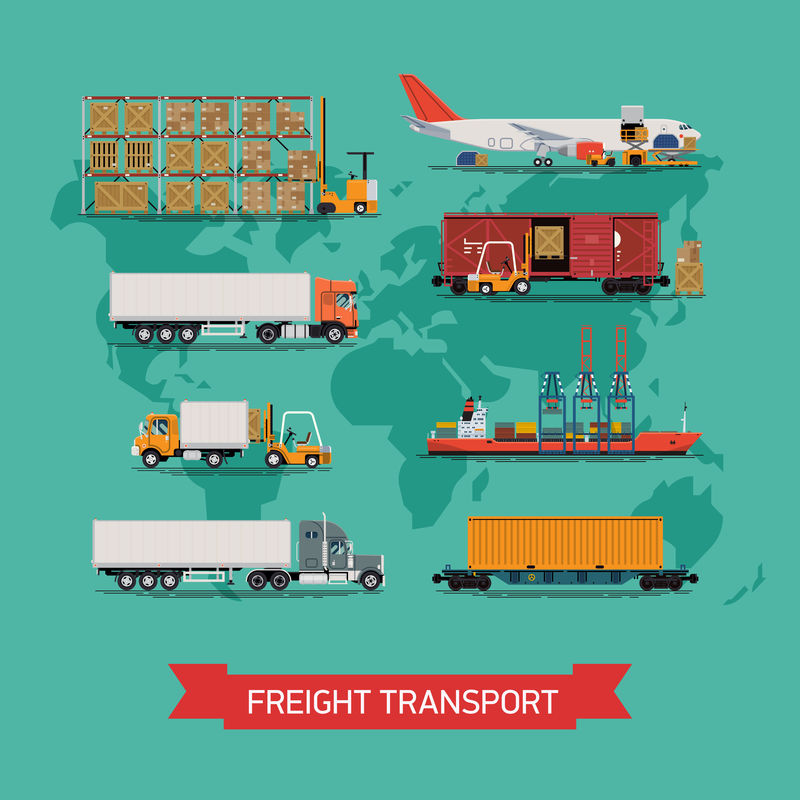 酷派矢量集全球航运、重型运输、商业和工业物流于一体-仓库、卡车、飞机、铁路和海运货船-具有抽象的世界地图