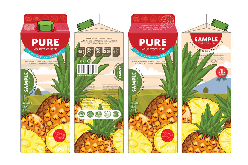 菠萝汁模板包装设计矢量图-白色背景下的菠萝包装布局
