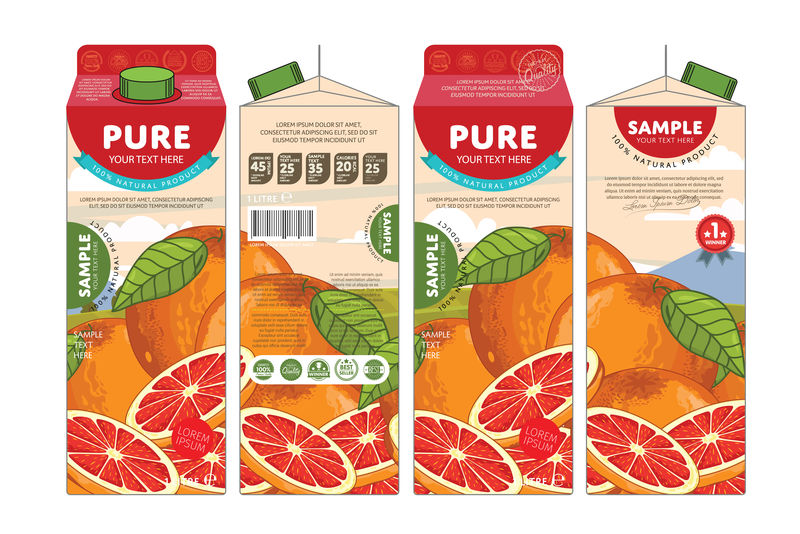 葡萄柚汁模板包装设计矢量图-白色背景下苹果葡萄柚包装的布局