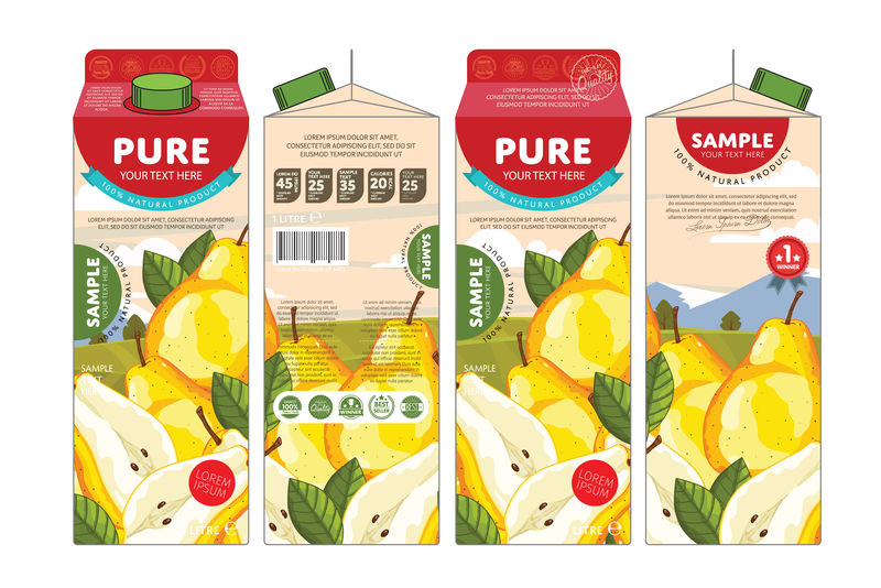 梨汁模板包装设计矢量图-白底隔离梨汁包装布局