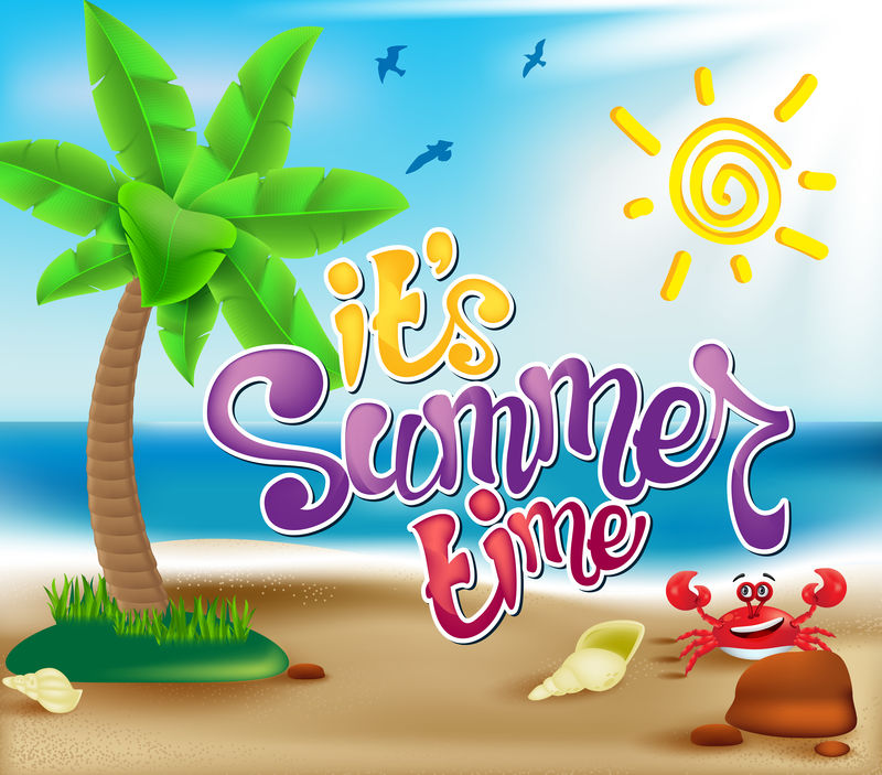 夏天在海边的沙滩上冒险-在五颜六色的阳光下与一只棕榈壳螃蟹在沙滩上-矢量图示