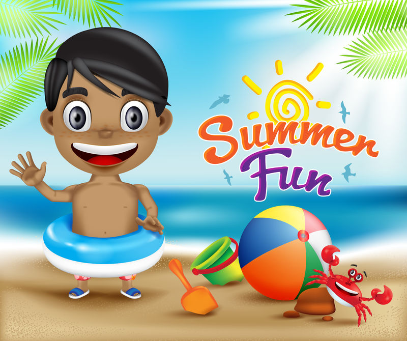 快乐的孩子夏天乐趣和螃蟹在阳光明媚的天空设计理念-包括海滩海滨元素-矢量图示