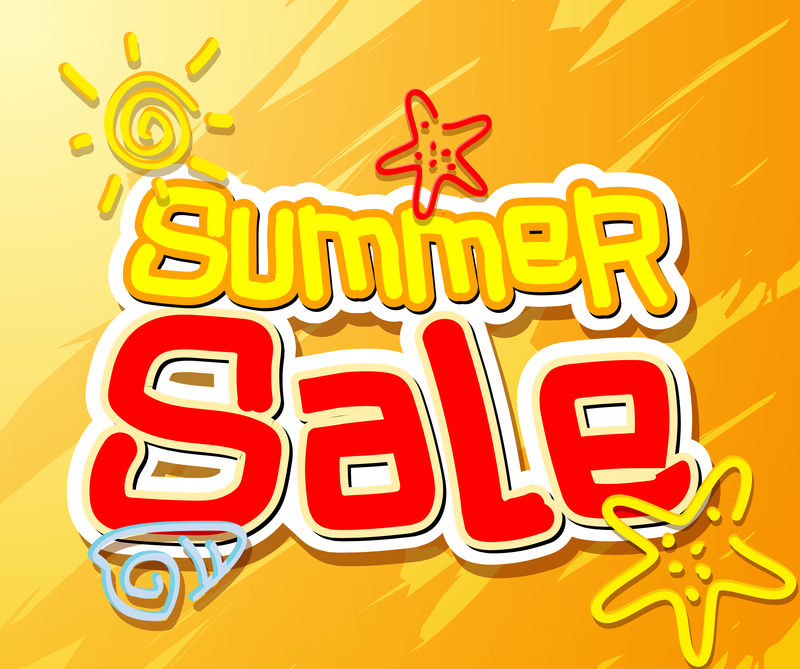 夏季销售文字标题与手绘矢量元素和橙色背景的夏季销售装饰-矢量图示