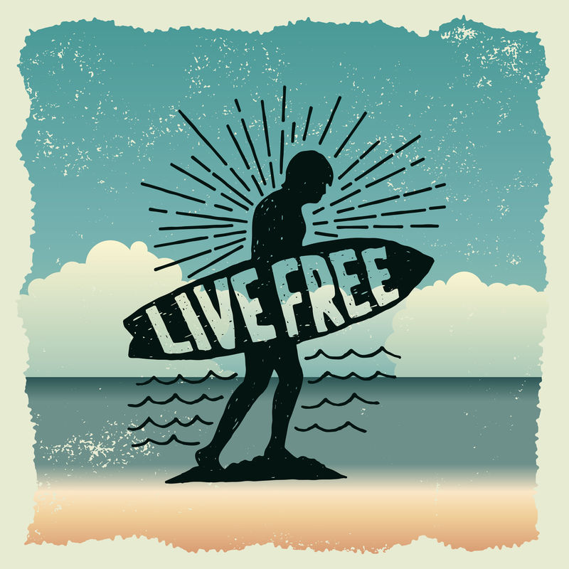 带冲浪者的手绘印刷海报。自由生活。艺术作品