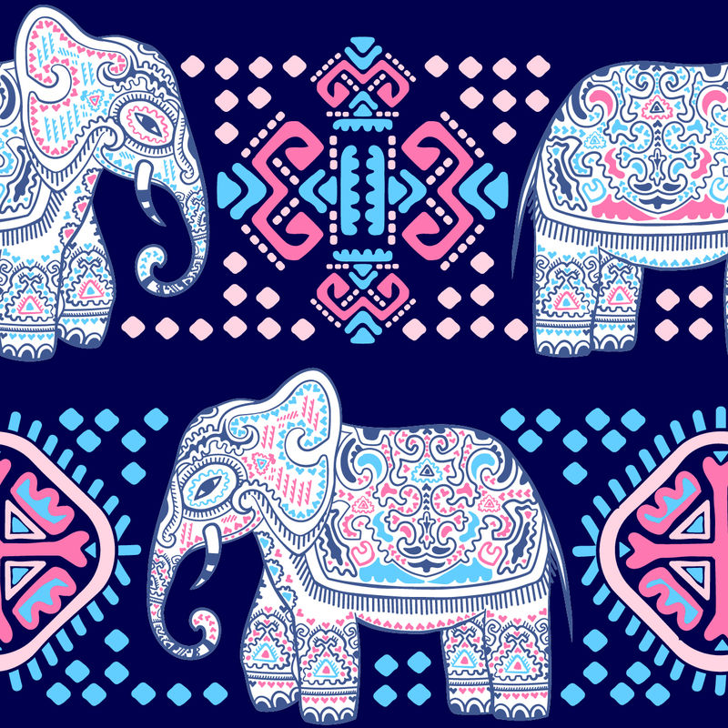 复古图形载体印度荷花民族大象-非洲部落装饰-可用于彩色书籍、纺织品、印刷品、手机套、贺卡