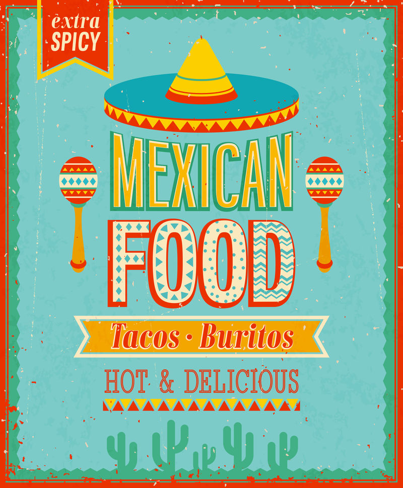 老式墨西哥食品海报-矢量图解