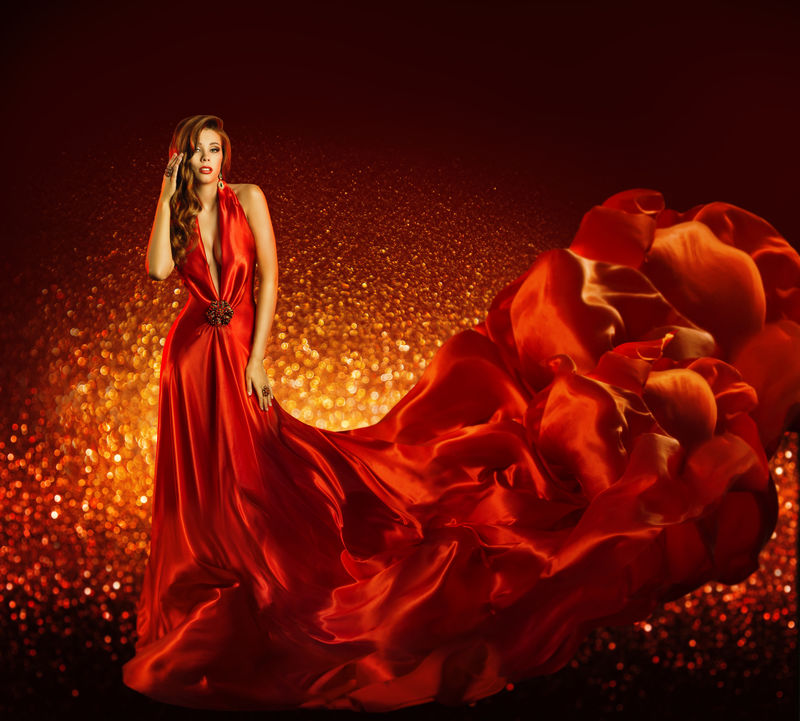红衣女郎，美女模型长裙飘逸丝织物