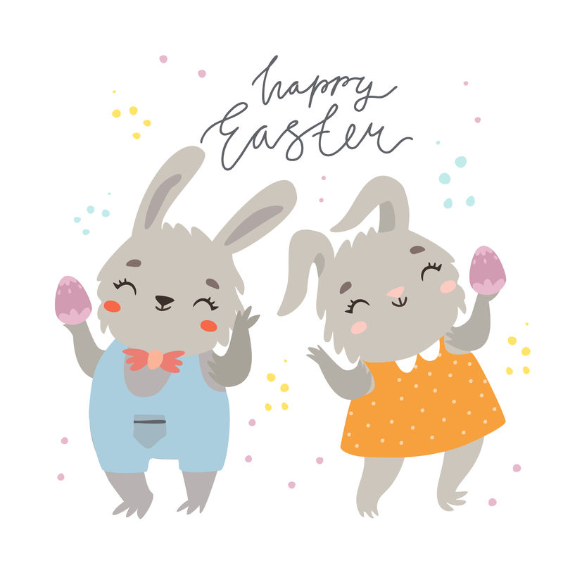 粉色和黄色可爱的复活节兔子与手写便条复活节快乐-白色背景上的矢量插图-带有涂鸦元素
