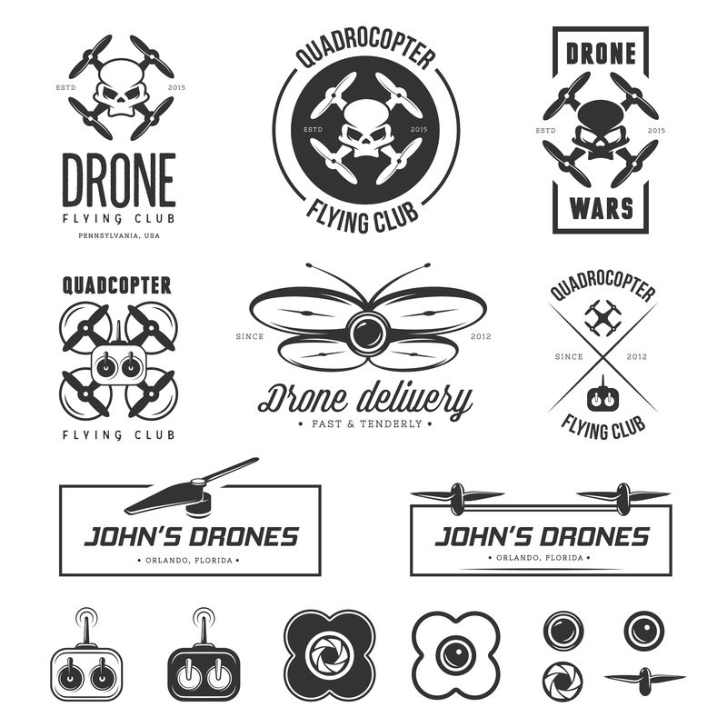 矢量集无人机飞行俱乐部标签，徽章，设计元素。