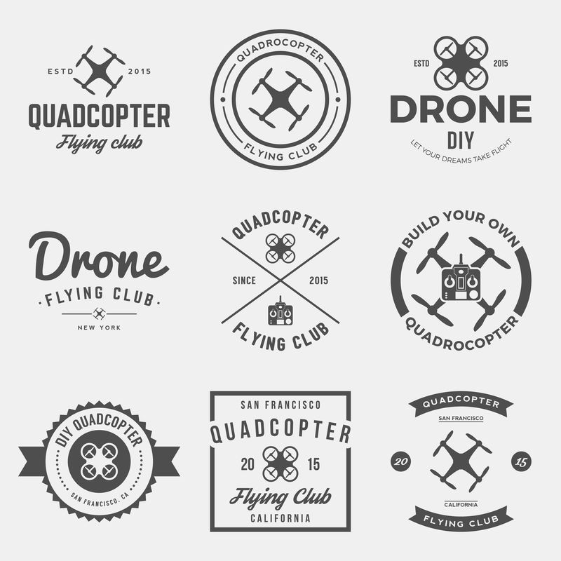 无人机飞行俱乐部标签、徽章和设计元素矢量集