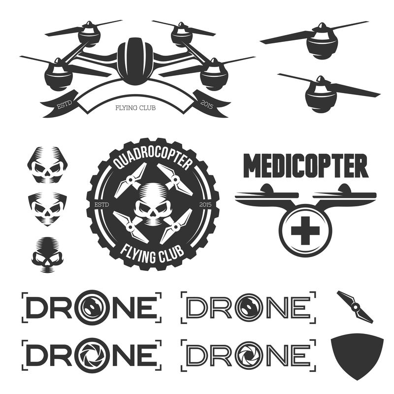 矢量集无人机飞行俱乐部标签，徽章，设计元素。