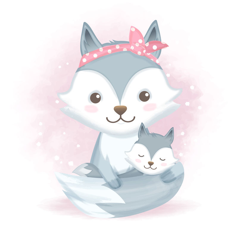可爱的小狐狸和妈妈手绘卡通动物插图