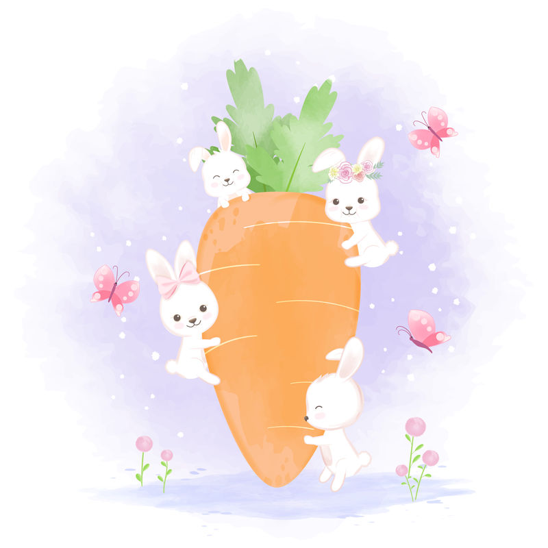 可爱的胡萝卜兔子，手绘卡通水彩画插画