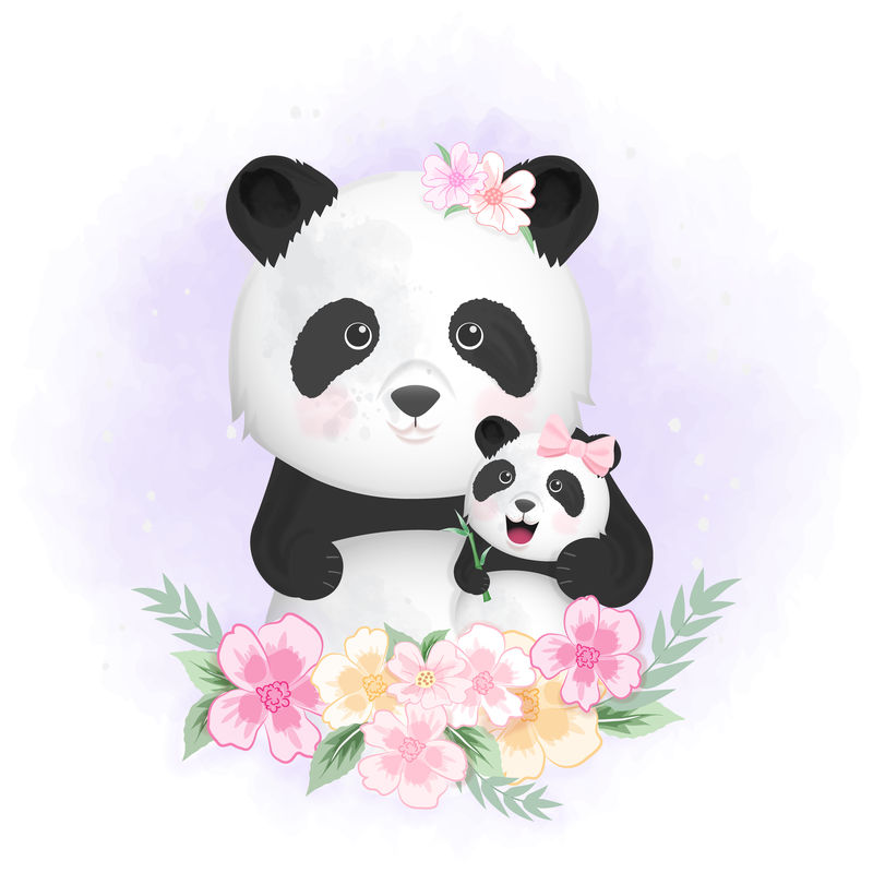 可爱的熊猫宝宝和妈妈手绘卡通动物插图w