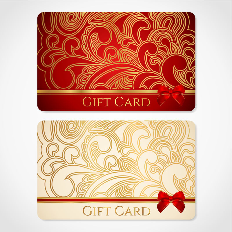 红色和金色礼品卡（折扣卡）-带花卉图案和红色蝴蝶结（丝带）