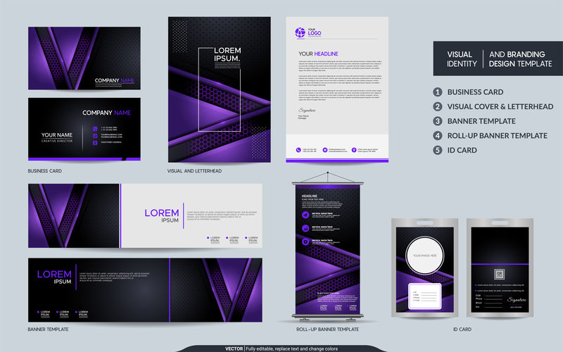 现代紫色文具模型和视觉品牌标识集。