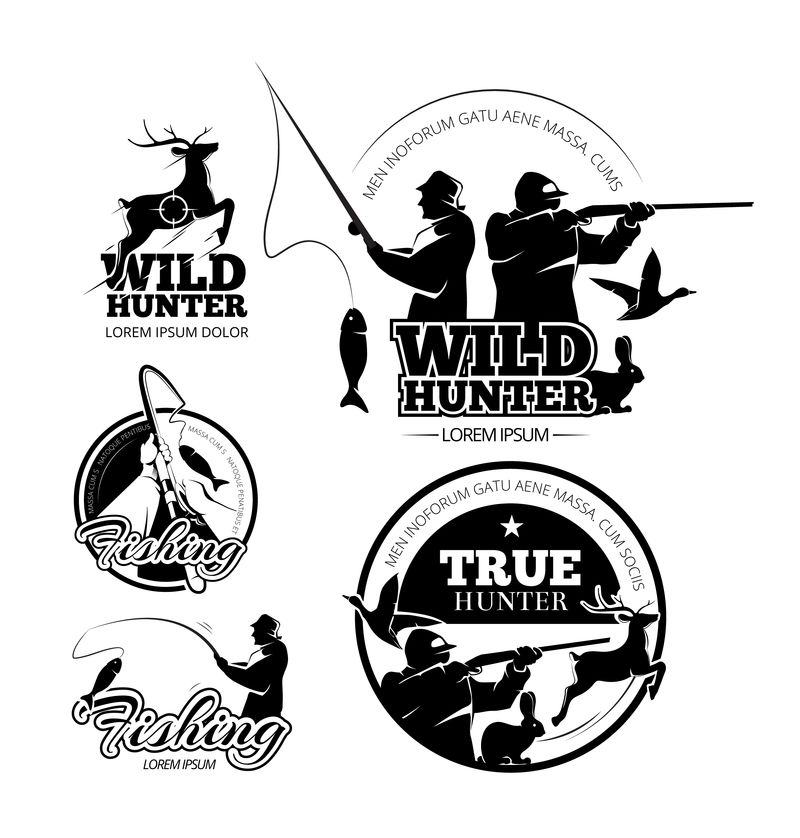 复古狩猎和钓鱼矢量标签、标志和标志套装