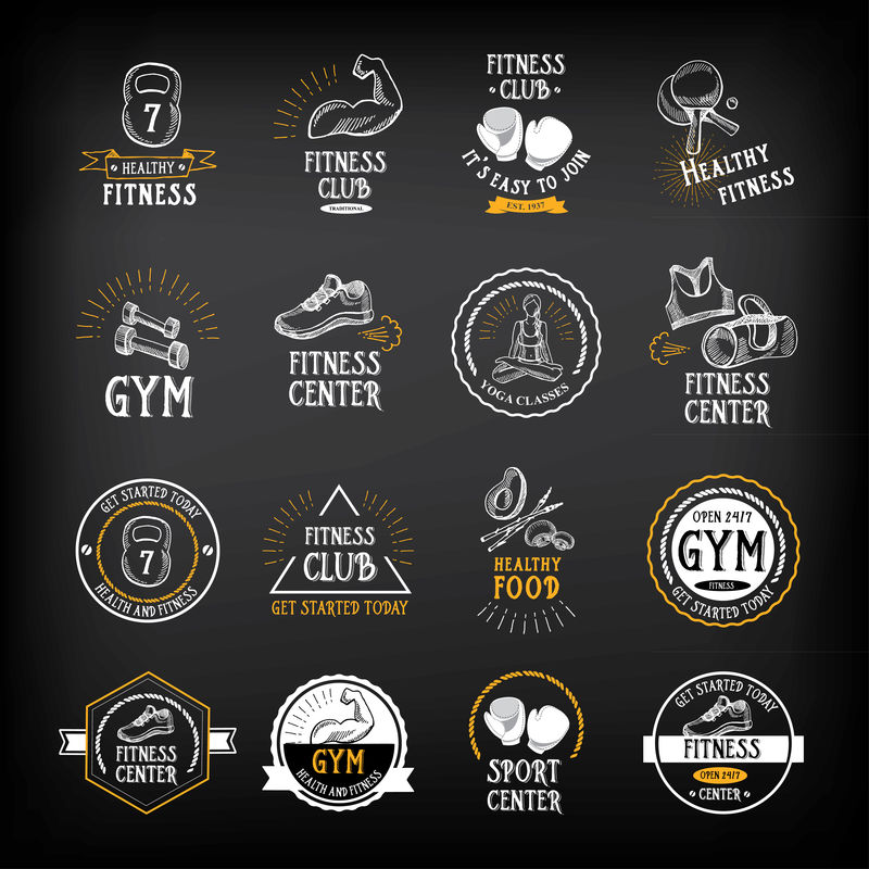 健身房和健身俱乐部标志设计，运动徽章。
