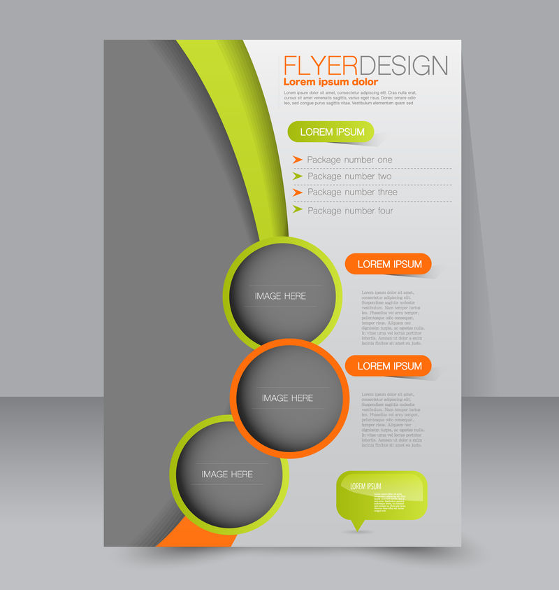 飞片模板。商业手册。编辑A4海报设计，教育，演示，网站，杂志封面。绿色和橙色。