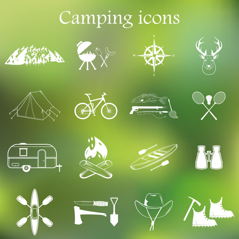 一套野营设备的符号和图标。