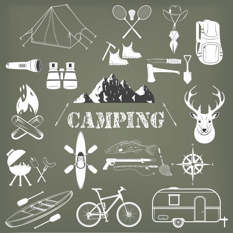 一套野营设备的符号和图标。