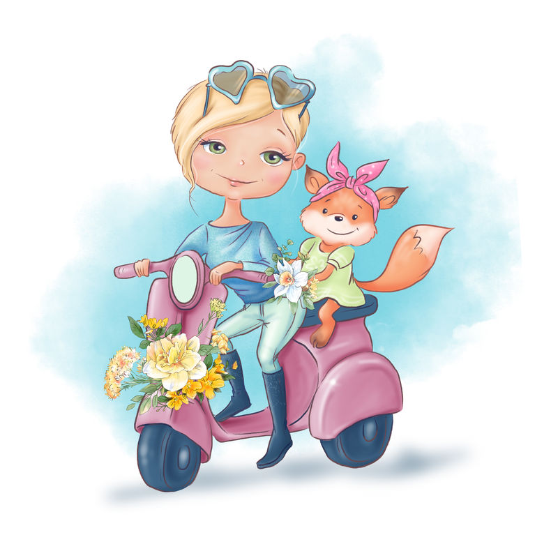 可爱的卡通女孩带着一只兔子和一个小朋友，带着春天的花朵