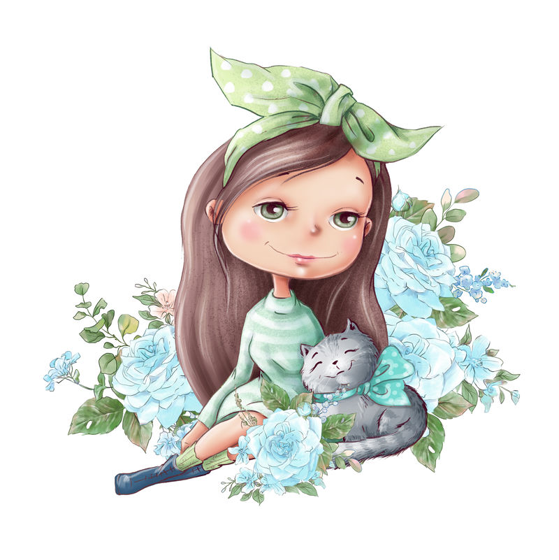 水彩插画可爱的卡通女孩，带着娇艳的玫瑰花