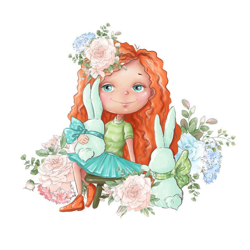 水彩插画可爱的卡通女孩，带着娇艳的玫瑰花