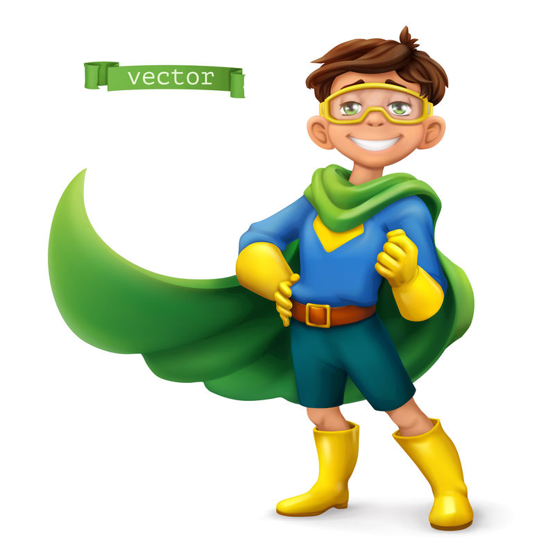 穿着超级英雄服装，穿着绿色外套的小男孩。漫画人物，矢量插图
