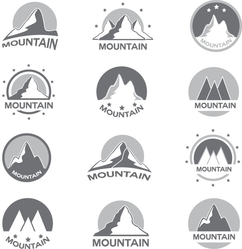 一套山脉标志-彩色图标-登山品牌、徒步旅行和探险