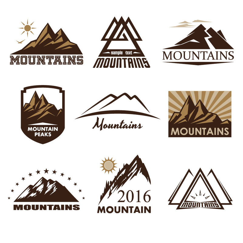 一套山徽-徒步旅行-旅游-极限探险-标志、标签、标志、海报、卡片、t恤的设计元素-矢量图示