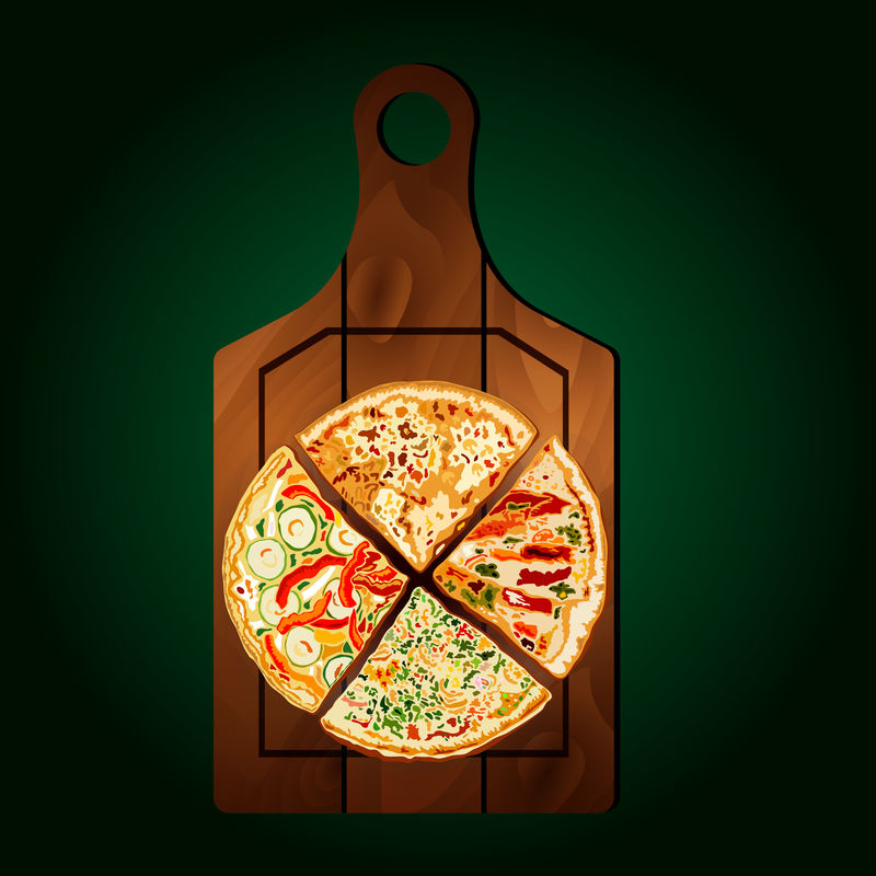 板上绿色背景的披萨片