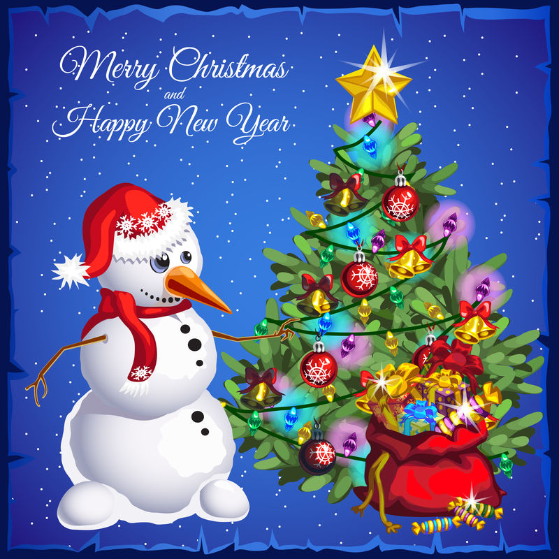 圣诞树雪人，蓝色背景上有五颜六色的礼物