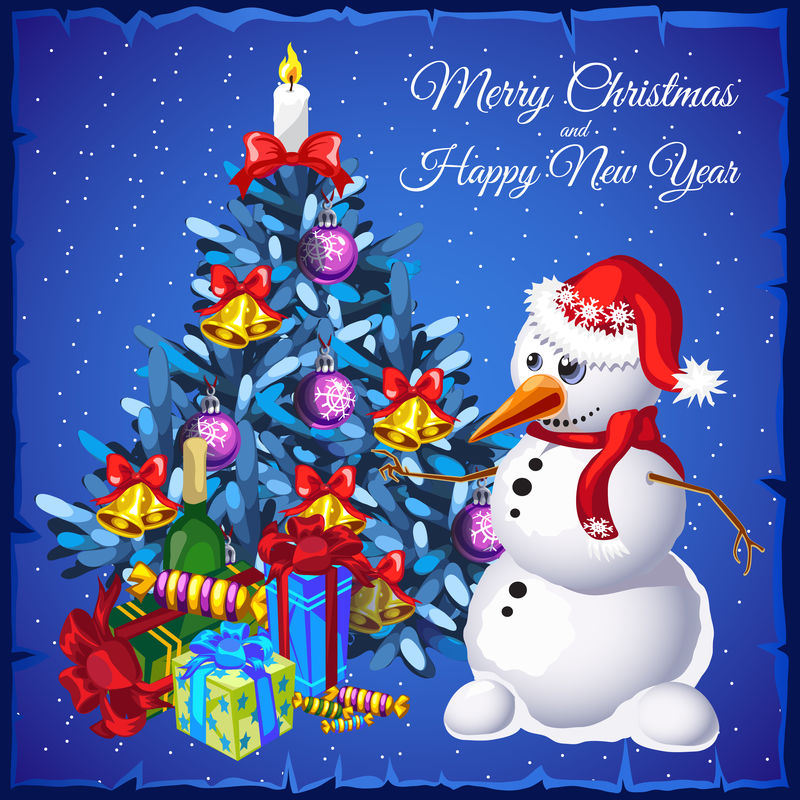蓝色背景上有圣诞树和礼物的雪人