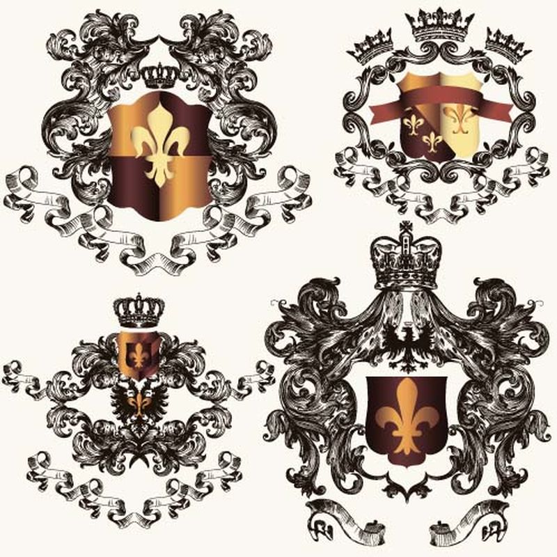 美丽的纹章设计-有盾、冠和花