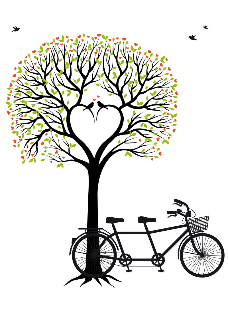 有鸟和自行车的心形树，矢量