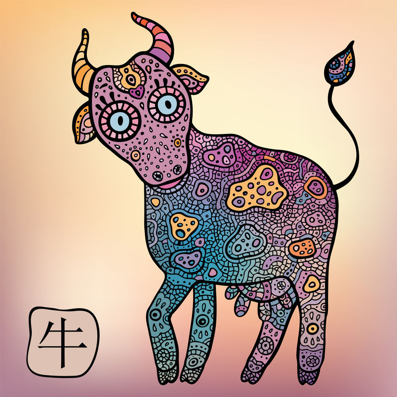 中国十二生肖。动物占星学标志。牛。