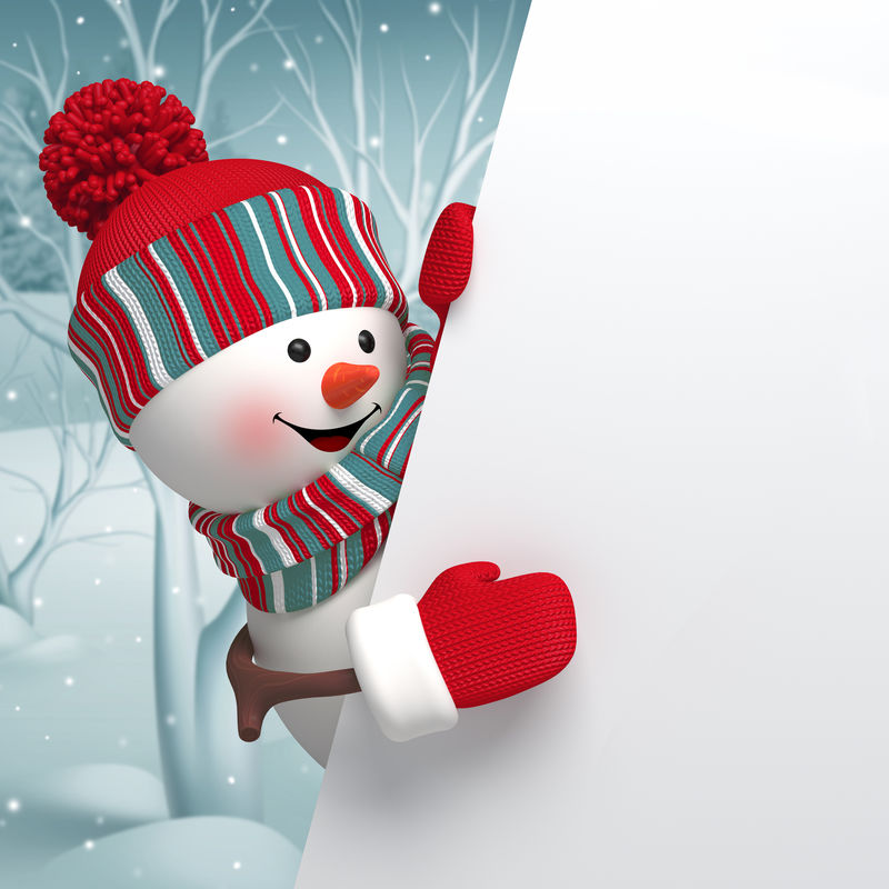 3D雪人，圣诞旗帜，冬季背景