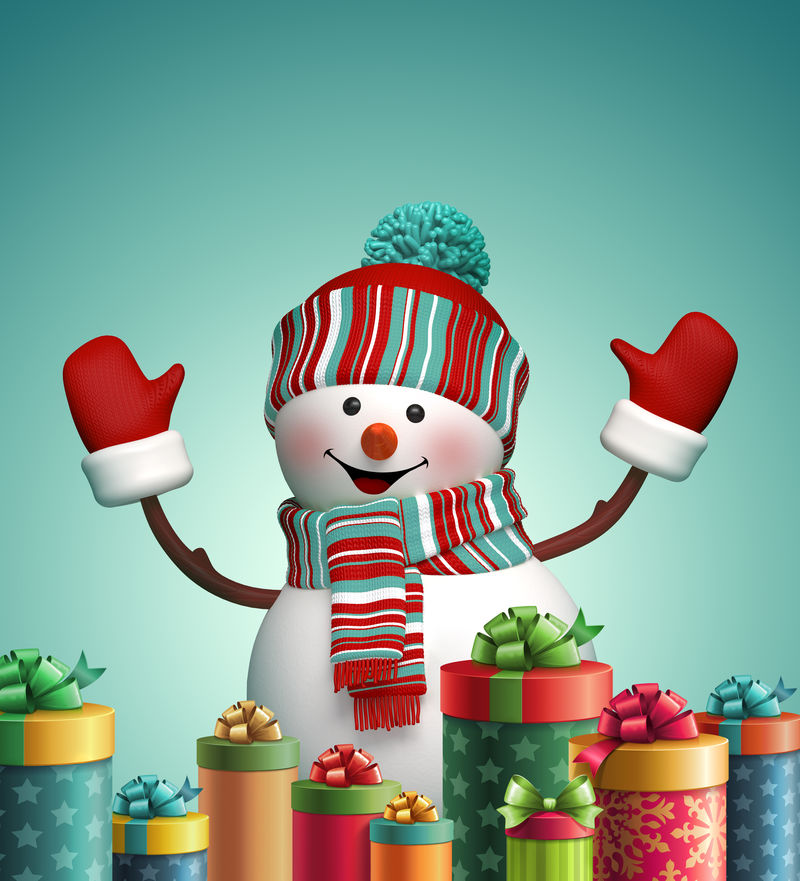 3d快乐雪人和圣诞礼品盒插图