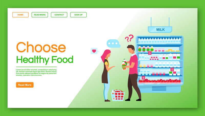 选择健康食品登录页矢量模板。家庭购物，消费主义网站，网页。消费者购买产品，夫妇在杂货店购物卡通人物