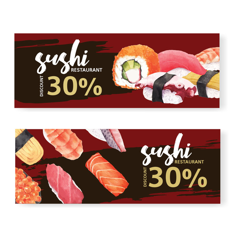 寿司为横幅设置插图。创作水彩圣殿