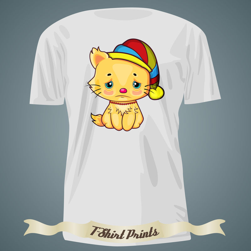 帽子里有悲伤小猫卡通图案的T恤设计