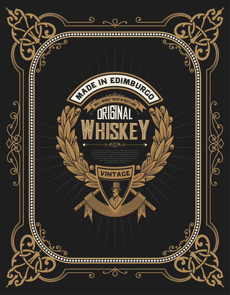 威士忌产品的老式框架和标签。你可以用它